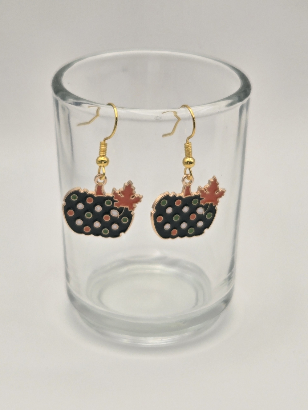 Gold-Tone Green Polka Dot Pumpkin Drop Earrings with Orange Leaf Accent
